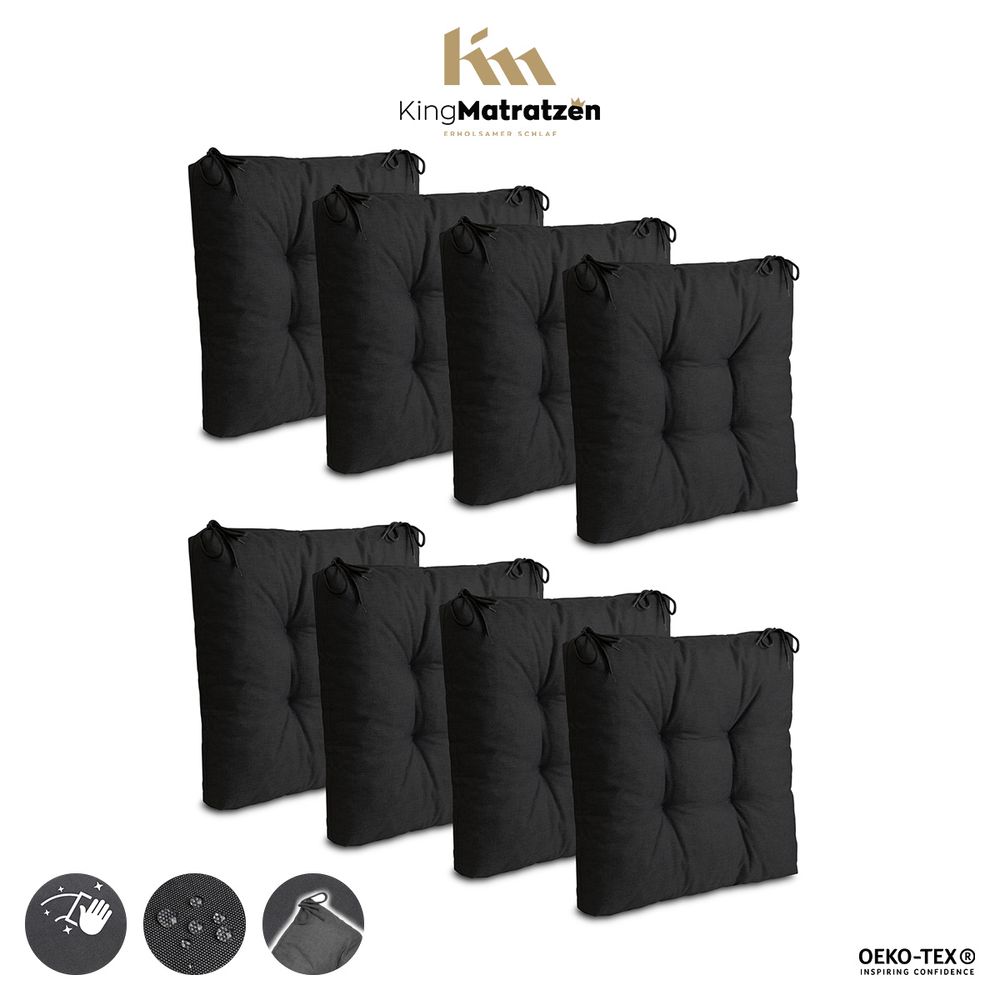 Sitzkissen 8er Set 40 x 40 cm Polster | Wasserdichtes Stuhlkissen mit Bindebänder: Schwarz