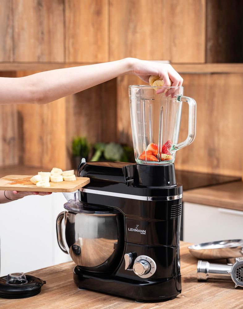 LEHMANN Impastatrice Planetaria Multifunzione con tritacarne e frullatore a caraffa, Ciotola 5L, set di accessori, Nero