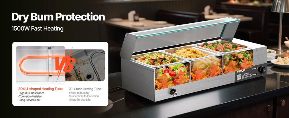 VEVOR 8-Pfannen Gewerblicher Speisenwärmer, 8 x 8QT Elektrischer Dampftisch mit Glasabdeckung, 1700W Edelstahl Buffet Bain Marie 86-185°F Temperaturregelung für Catering, Restaurants, Silber, 3 x 1/2-Größe Pfannen