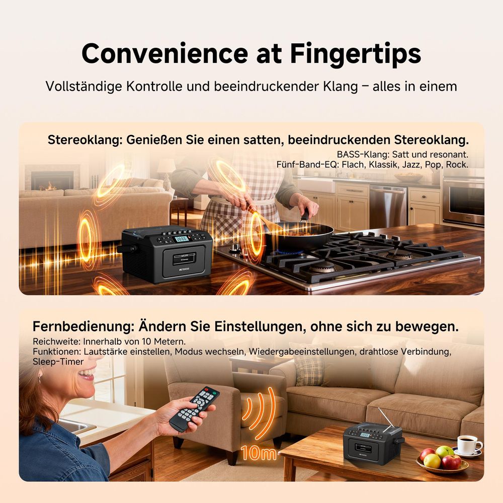 Retekess TR642 CD Player tragbar, Bluetooth, AM FM Radio, 5000mAh Boombox mit wiederaufladbare Akk, AUX/USB/TF, für Familien Camping