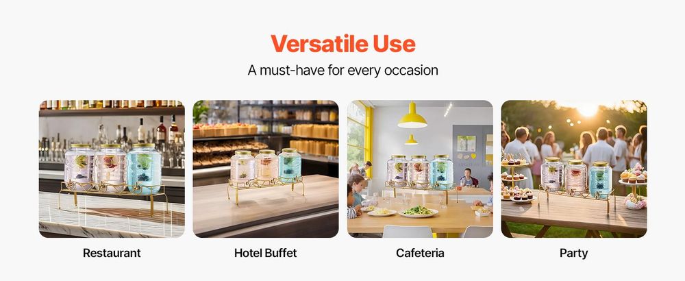 VEVOR Getränkespender (3 x 8 L) für Partys Saftspender (aus Glas) mit tropfsicherem Zapfhahn & Metallständer Wasserspender für Restaurants Partys, Limonade Eistee selbstgemachte Getränke Spender