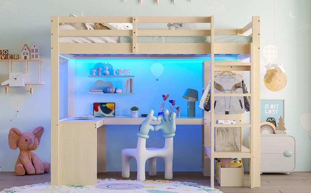 Merax Etagenbett Hochbett 140x200 cm, mit Regalen, Schreibtisch, LED-Licht und USB, Hängebereich, Stockbett aus Holz, Kinderbett, Jugendbett, Natur