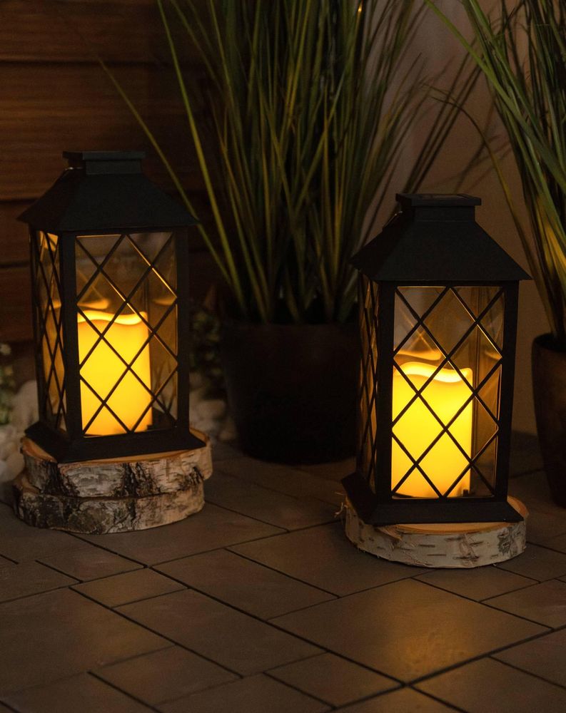 LUMILED 2x Set Solarlaterne Außen Solar Laternen Draußen LED Glas Laterne Solarleuchte Kerze Flammeneffekte Kerzenlaterne IP44 Vintage schwarz Hängend Dekorative Außenleuchte Gartenlampe