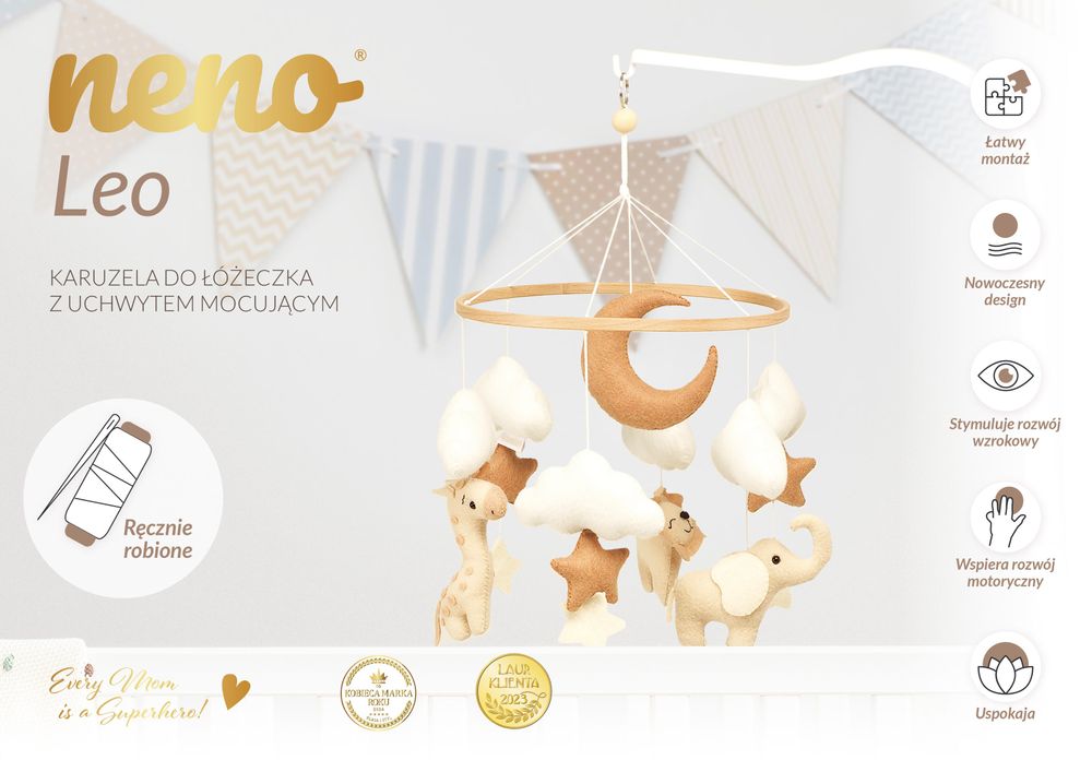 Neno Leo – karuzela do łóżeczka z ręcznie wykonanymi maskotkami