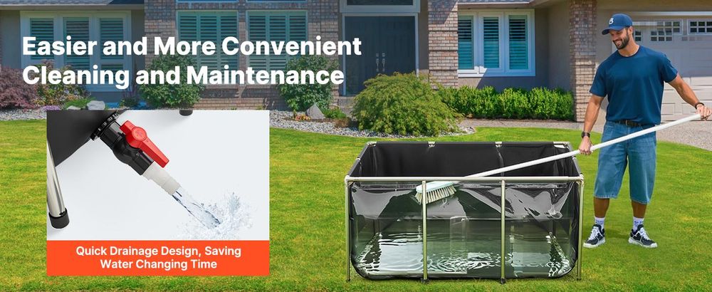 VEVOR Fischteich aus Segeltuch, 1023,3 L Zuchtwassertank, PVC-Koi-Tank mit transparentem Sichtfenster, Aquarium mit Edelstahlrahmen & Ablassventil, zur Zucht von Koi, Goldfisch (schwarz)