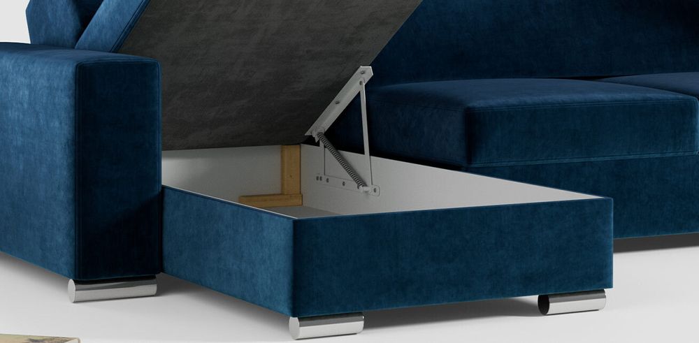 Blaufarbenes Ecksofa aus velvet Stoff. Foto zeigt Bettkasten