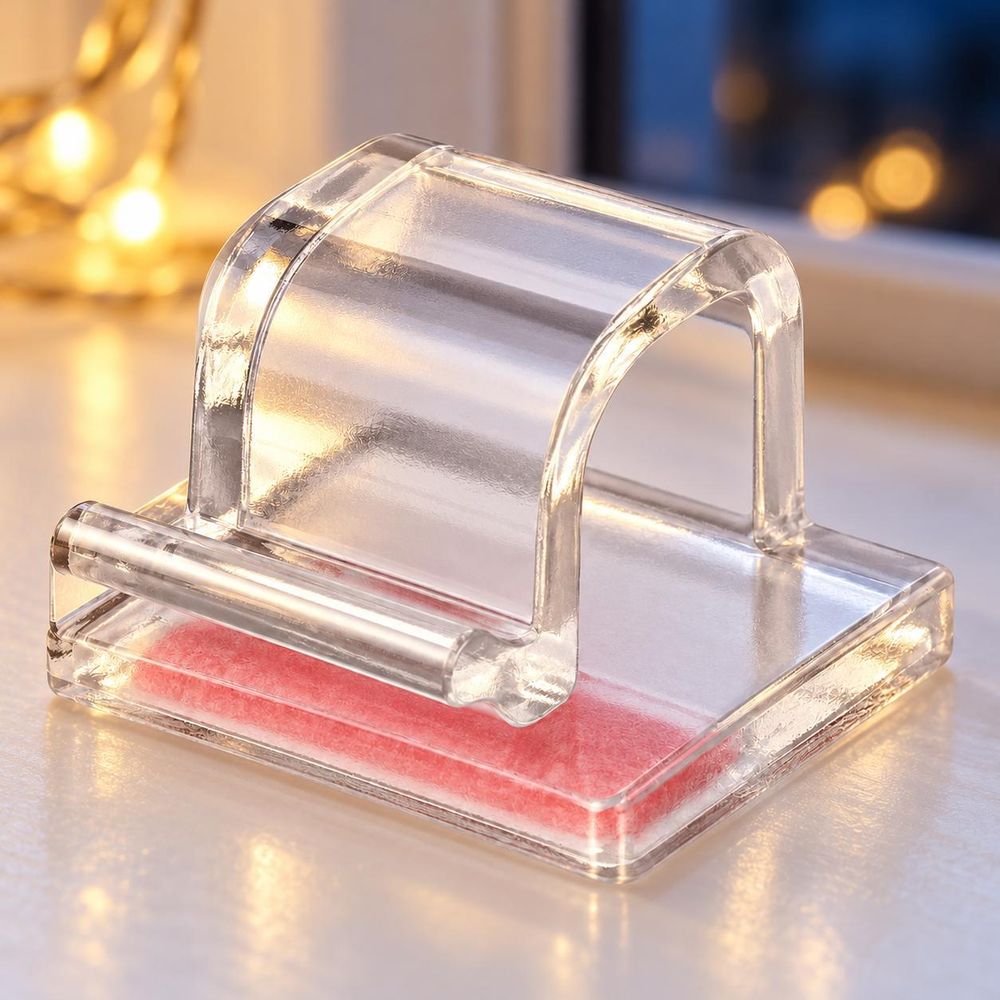 Nahansicht des transparenten Klebeclips mit flacher Klebebasis und erhöhter Kabelaufnahme.