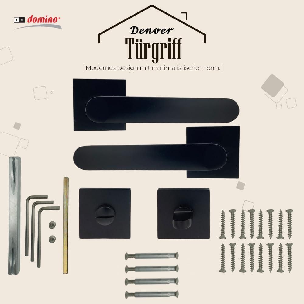 DOMINO Türgriff Drückergarnitur WC - Badezimmer Set | quadratische Rosette | für Badezimmertüren | Set WC - Rosetten-Garnitur | Türbeschläge aus Aluminium |Schwarz Türdrückergarnitur | DENVER-QR SLIM BLACK