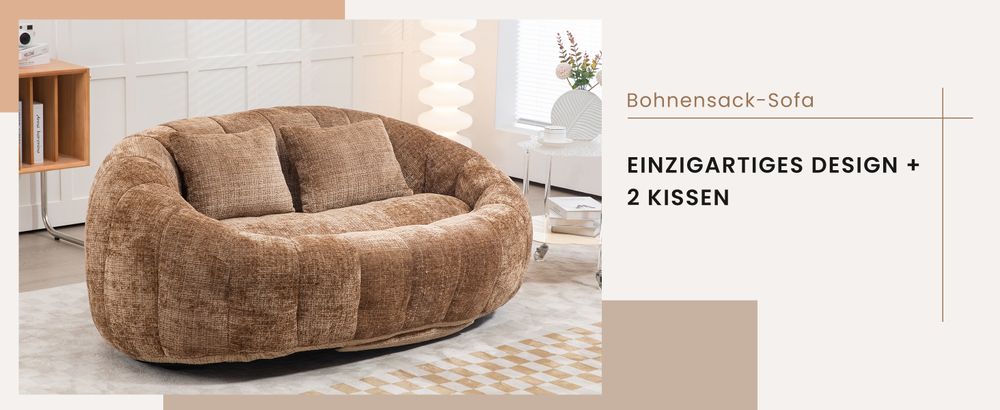 okwish Schlafsofa Sitzsack mit 2 Kissen,Relaxsessel mit dicke Polsterung,Ecksofa ,Extrabreit Lazy Sofa für Erwachsene & Kinder,Chenille-stoff,Braun
