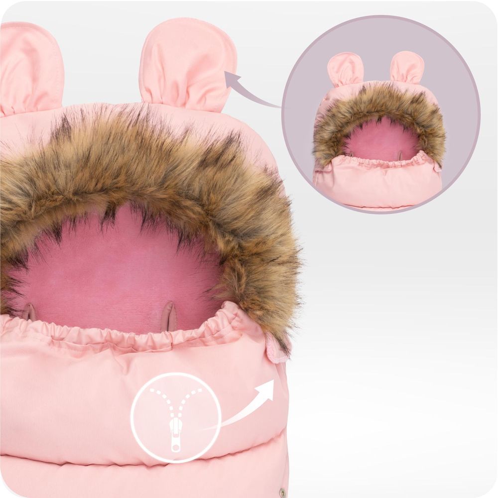 MoMi COZY – Universal-Fußsack für Kinderwagen, Fleece-Innenfutter, beidseitiger Reißverschluss & Kapuze mit Ohren – Rosa