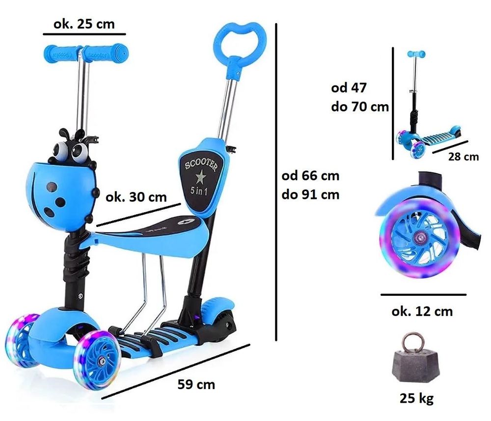 Asato Kinderscooter 5-in-1 mit LED-Rädern, Sitz und Schiebestange – Blau – Klappbarer Dreirad-Roller für Kinder – Balance-Scooter