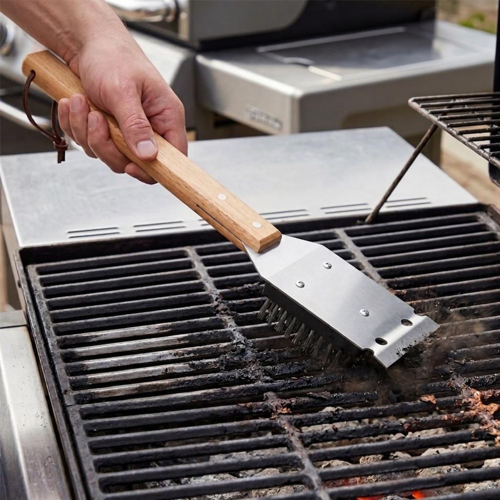 WELLHAUS Grillreinigungsbürste mit Griff Edelstahl Holz Grillbürste für Grillrost BBQ Reinigungsbürste mit Ersatzbürste