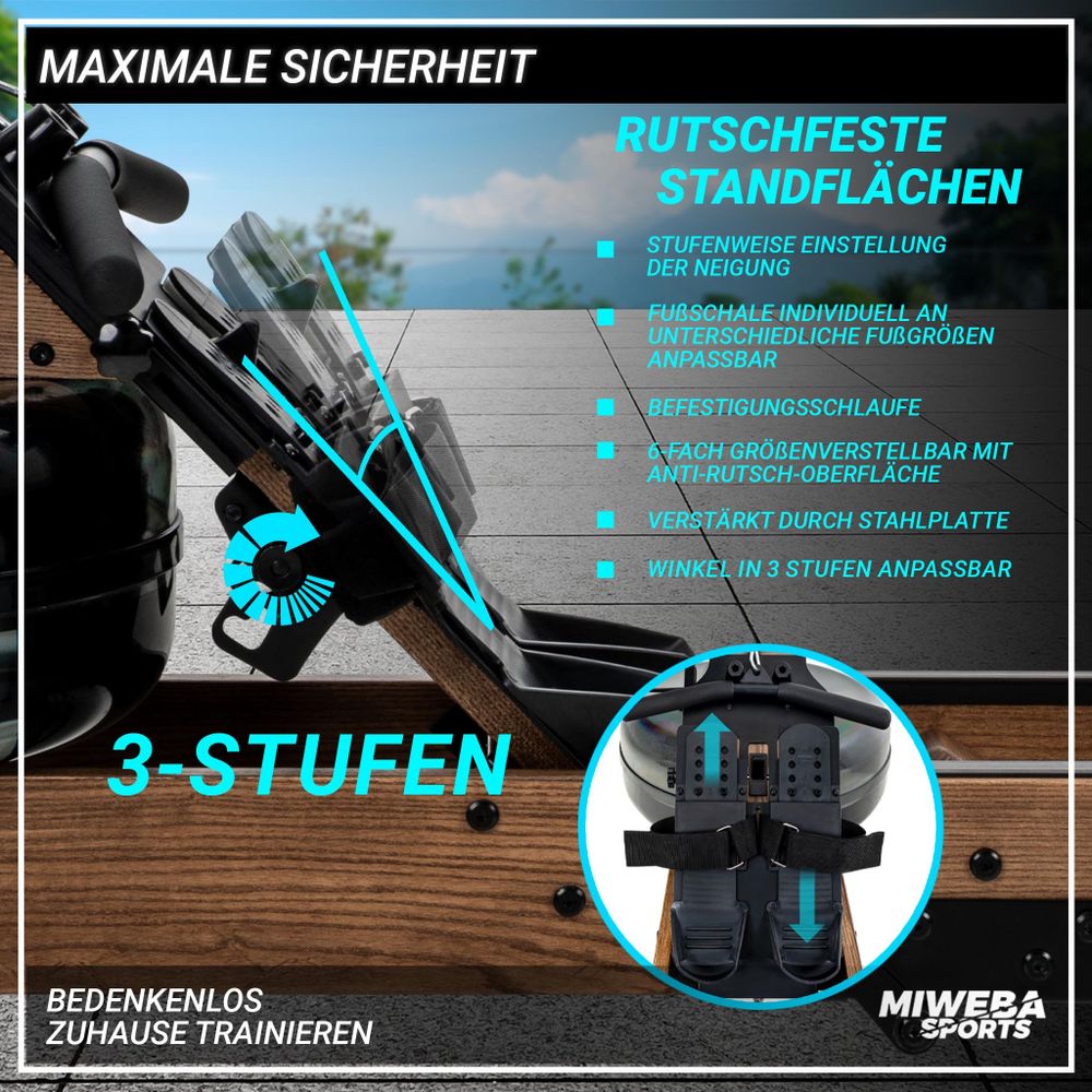 Miweba Sports Wasser-Rudergerät MR700 Pro | Holzrudergerät - Rudermaschine - App Steuerung - LED Display - Tablet Halterung - klappbar (Esche Grau)