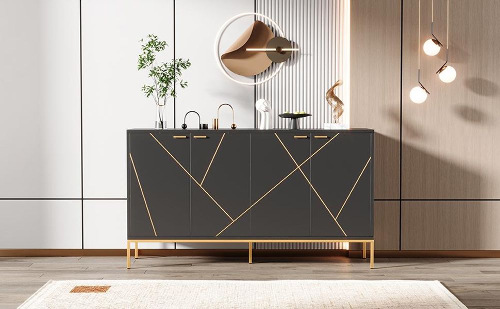 Merax Sideboard Kommode mit 4 Türen, TV-Schrank, Kleiderschrank, Metallbeine, Metalllinien, 80×150× 40cm, Schwarz+Golden