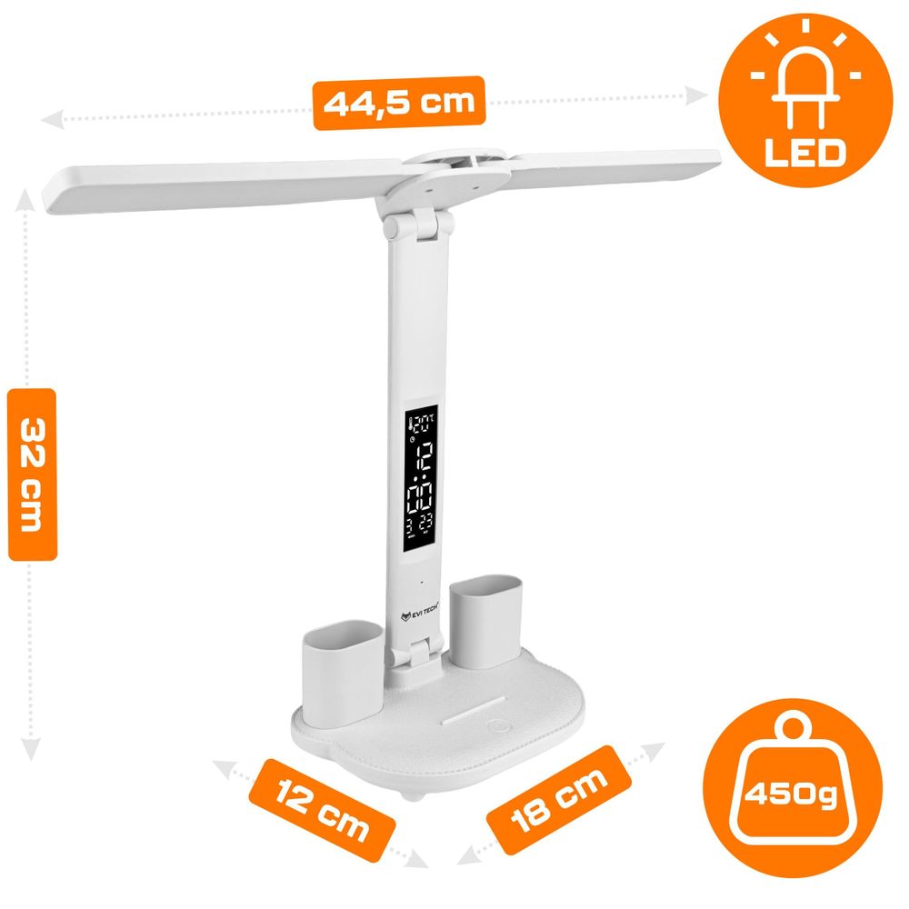 Doppel-LED Schreibtischlampe mit Akku & LCD Display, 6in1 Tischlampe mit Uhr, Termometer & Organizer, Touch-Steuerung, USB-C, Weiß, EVI TECH 40 LEDs
