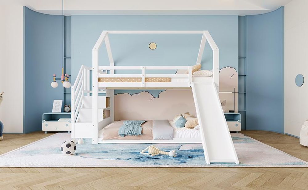 Merax Etagenbett 140x200 cm, Kinderbett mit Rutsche, Stauraumtreppe, Geländer, Lattenrost, Massivholzbett für Kinder, Jugendbett, Stockbett, Weiß
