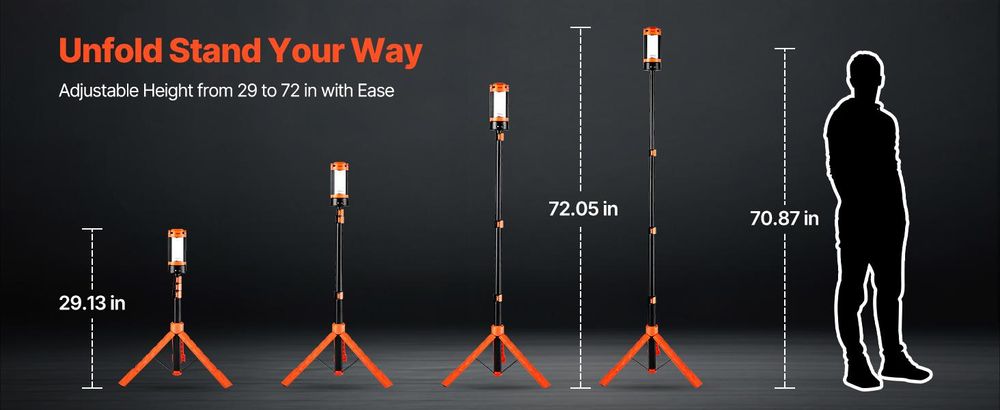 VEVOR LED-Arbeitslicht mit Stativ, 21000 Lumen, tragbares Campinglicht mit drei Köpfen und individuellem Schalter, Stativ, 3,3 m Stromkabel, für Innen- und Außeneinsatz auf Baustellen, IP65 wasserdicht, 2200 lm, 8Ah