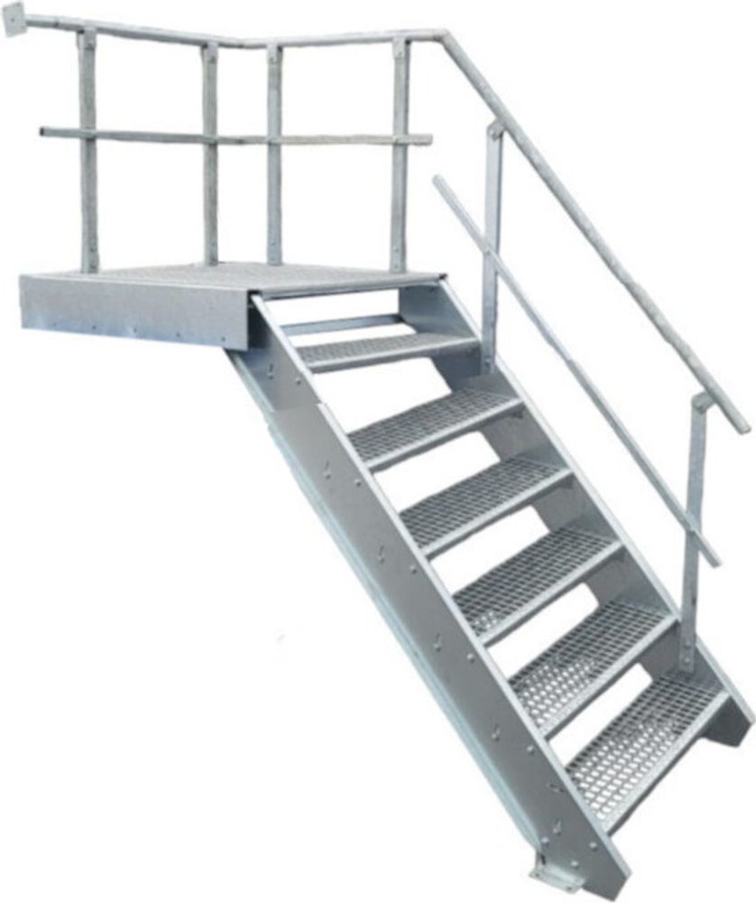 6 Stufen + Podest Stahltreppe mit Geländer rechts / Stufenbreite 100cm / Geschosshöhe 100-140cm