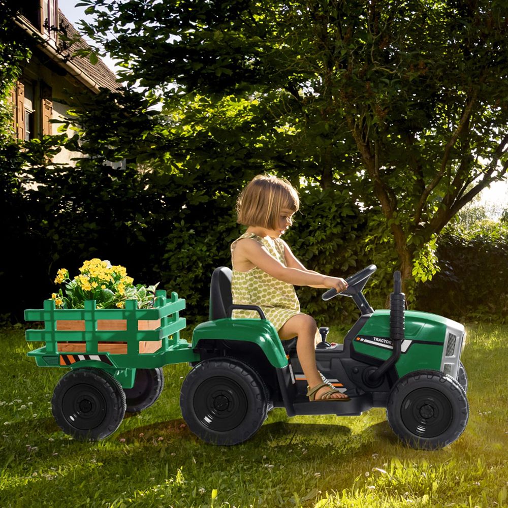 FCH 12V 7Ah Elektrotraktor mit abnehmbarem Anhänger und 2,4G Fernbedienung, Kinder Aufsitztraktor mit LED Lichtern, Musik, Hupe & USB Funktionen, Arme