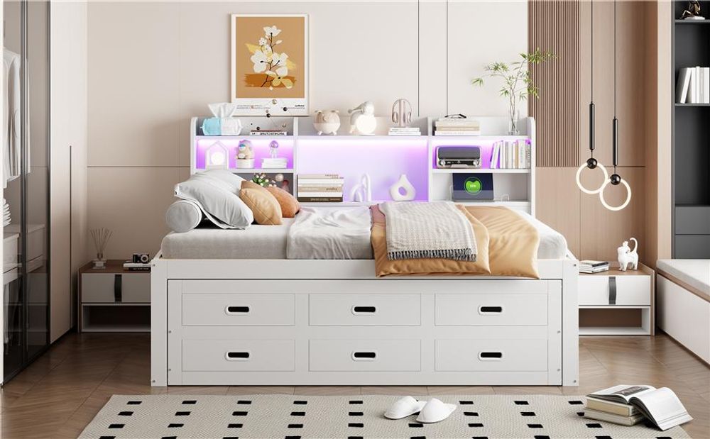Merax Tagesbett 140x200cm mit Ausziehbett, Schlafsofa mit LED, 3 Schubladen, Regal, USB+Type-C, Daybett, Massivholzbett, Weiß