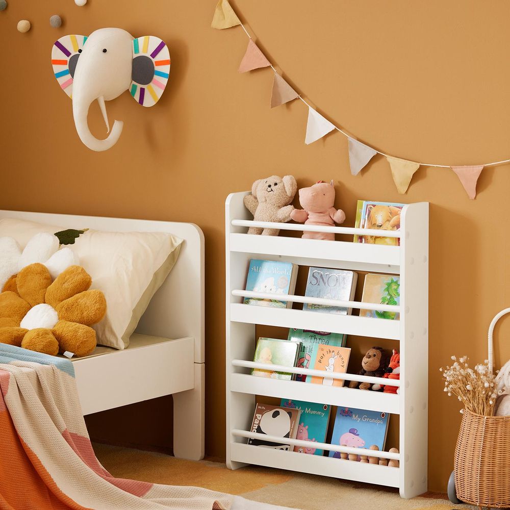 SoBuy Kinderregal Bücherregal für Kinder Wandregal Hängeregal Aufbewahrungsregal mit 4 Ablagen für Bücher und Deko weiß BHT ca.: 60x80x12cm KMB08-K-W