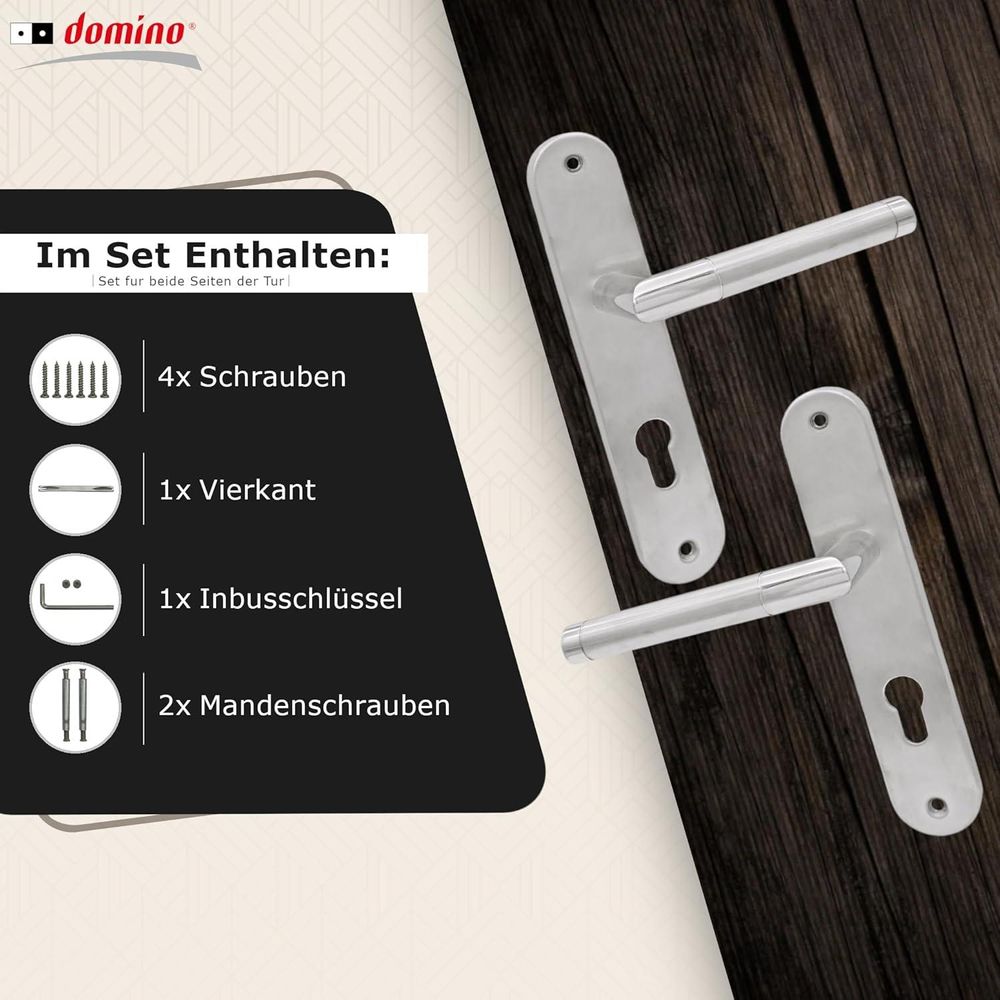 DOMINO Türgriff 72 Drückergarnitur PZ - Profilzylinder Set | Türklinke für Zimmertür, Bürotür, Kellertür & Innentür | L-Form | Türbeschläge aus Edelstahl | Silber Türdrückergarnitur| SPECTRA INX