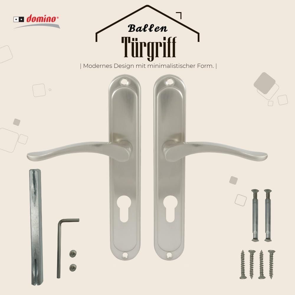 DOMINO Türgriff 72 Drückergarnitur PZ - Profilzylinder Set | Türklinke für Zimmertür, Bürotür, Kellertür & Innentür | L-Form | Türbeschläge aus Aluminiuml | Nickel Türdrückergarnitur| BALLEN M9