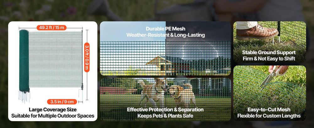 VEVOR Begrenzungszaun 15x0,9 m, Weidezaun aus PE, Mobiler Hundezaun mit Doppelspitzenpfählen & Abspannseilen, Hühnerzaun, Gartenzaun, Campingzaun für Hunde, Hühner, Pflanzen, Außenbereiche