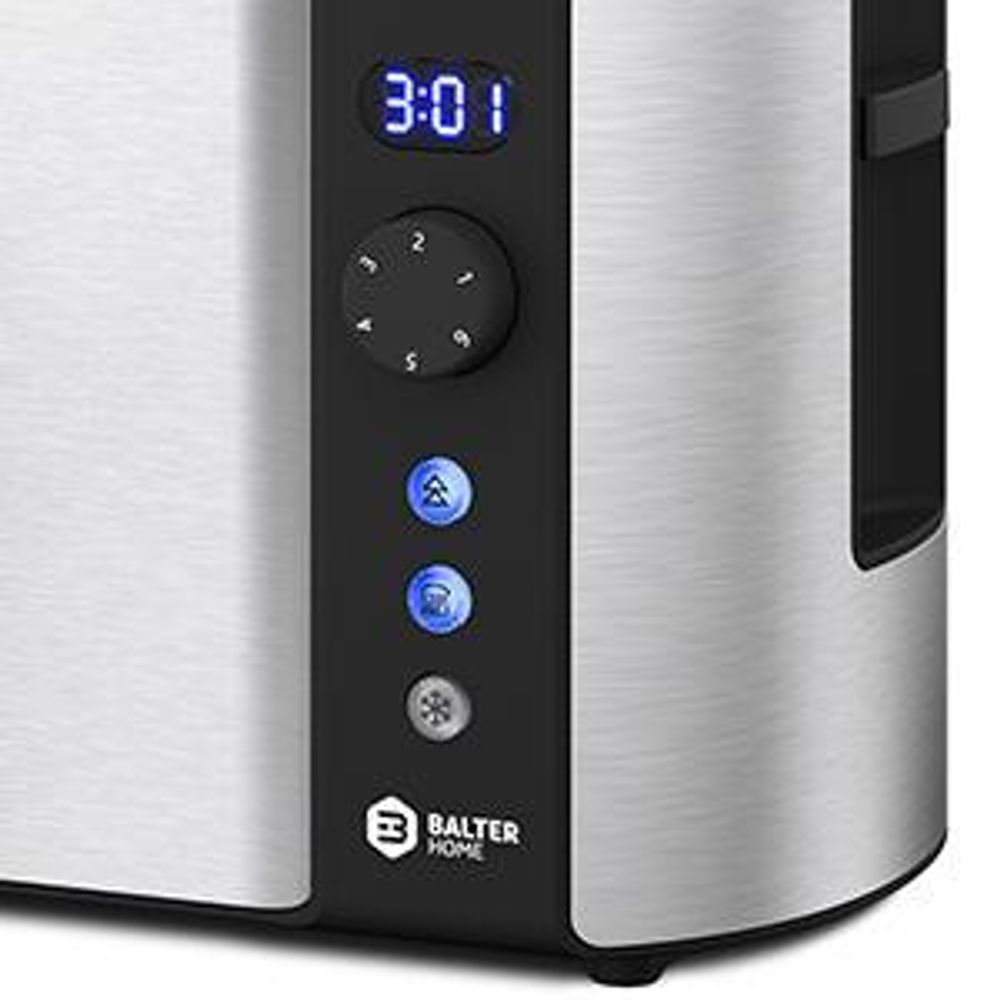 Balter Toaster 4 Scheiben, Edelstahl, Langschlitztoaster mit Brötchenaufsatz, 1400W, LCD Display, Defrost-/Aufwärmfunktion, Krümelschublade, Silber