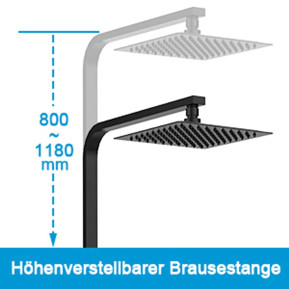 Heilmetz Duschsystem mit Thermostat Matt Schwarz, 20x20cm Regendusche Duschset mit Handbrause, Duscharmatur Edelstahl Duschsäule Höhenverstellbar