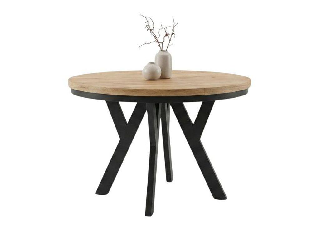 DEKORI Runder Ausziehbarer Tisch für Esszimmer, PERO mit einem Ring-Gestell, Loft-Stil, Durchmesser: 90 / 140 cm, Farbe: Eiche Craft Golden / Schwarz