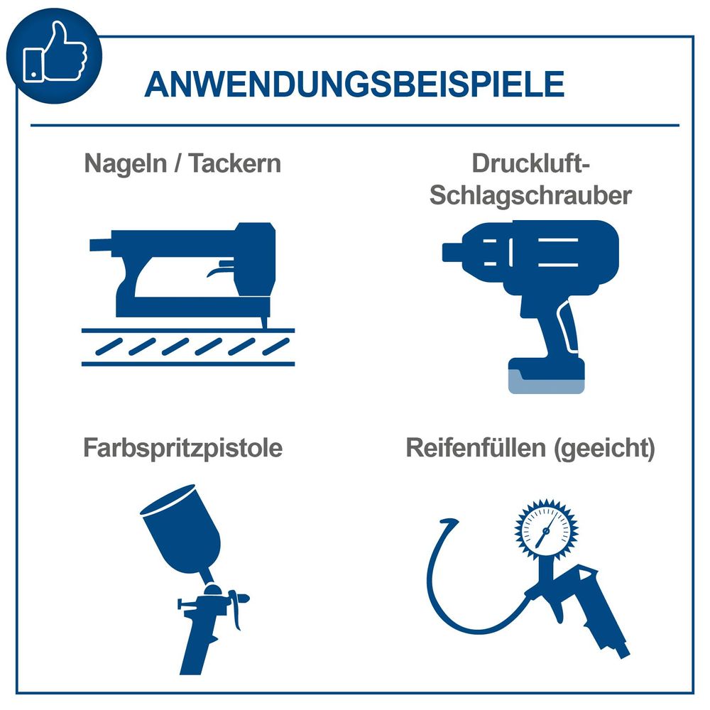 Das Bild zeigt die verschiedenen Anwendungsbeispiele wie Reifenfüllen, Farbspritzpistole, etc.