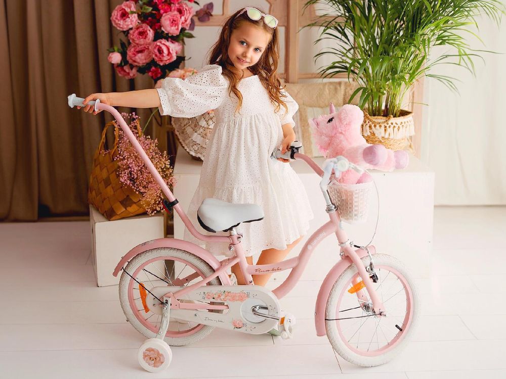 SUN BABY Flower Bike: bicicletta per bambine da 16 pollici, a partire dai 4 anni, con rotelle, manubrio di spinta rimovibile, cestino, campanello, freno a contropedale e V-brake