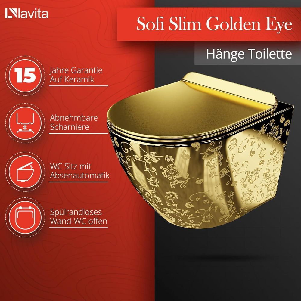 Lavita LAV 101 Vorwandelement für WC 40cm + Wand Hänge Tiefspül WC SOFI SLIM CHECKED GOLD Spülrandlos + Bedienplatte LAV 200.3.1 Weiß | Komplettset | Unterputz Spülkasten | Toilette Komplett Sett