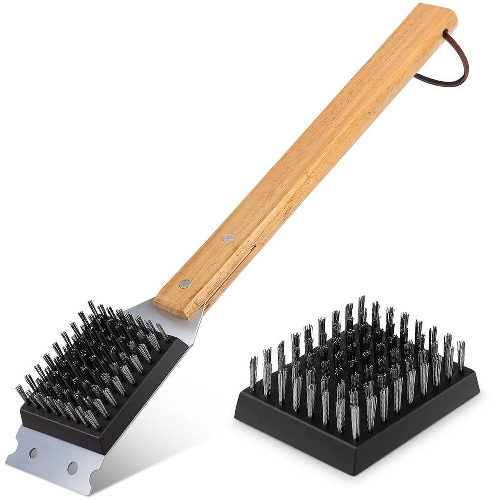 WELLHAUS Grillreinigungsbürste mit Griff Edelstahl Holz Grillbürste für Grillrost BBQ Reinigungsbürste mit Ersatzbürste
