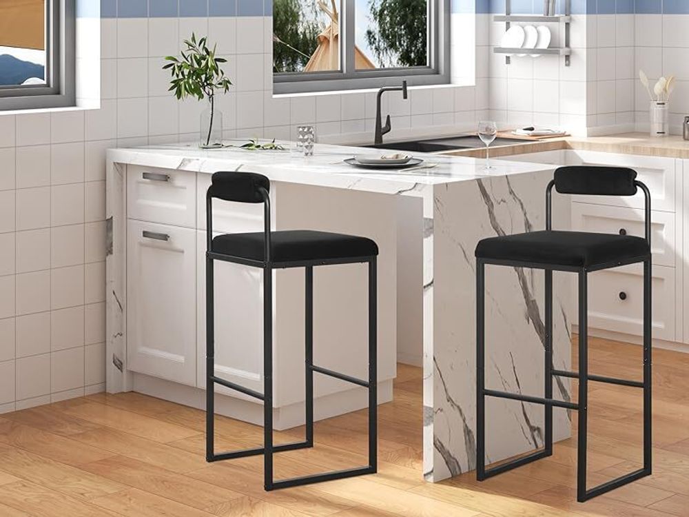WOLTU Barhocker 2er Set mit Fußstütze, Hochstuhl, Samthocker,aus Metall, Schwarz