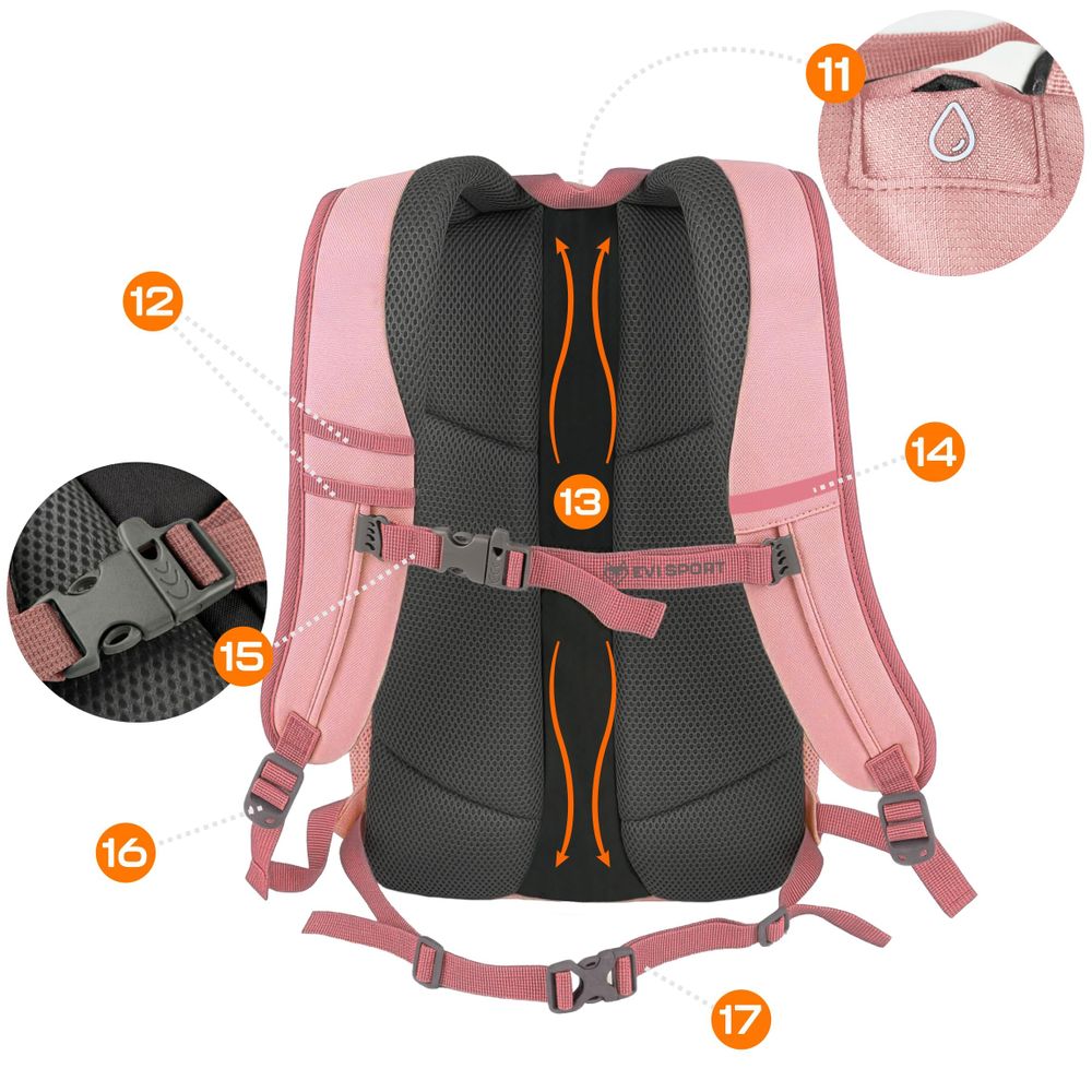Plecak Turystyczny Trekkingowy Górski 25L EVI SPORT TRAILPACK Męski Damski Mocny Wodoodporny z Pokrowcem Laptop Miejski Rowerowy - różowy