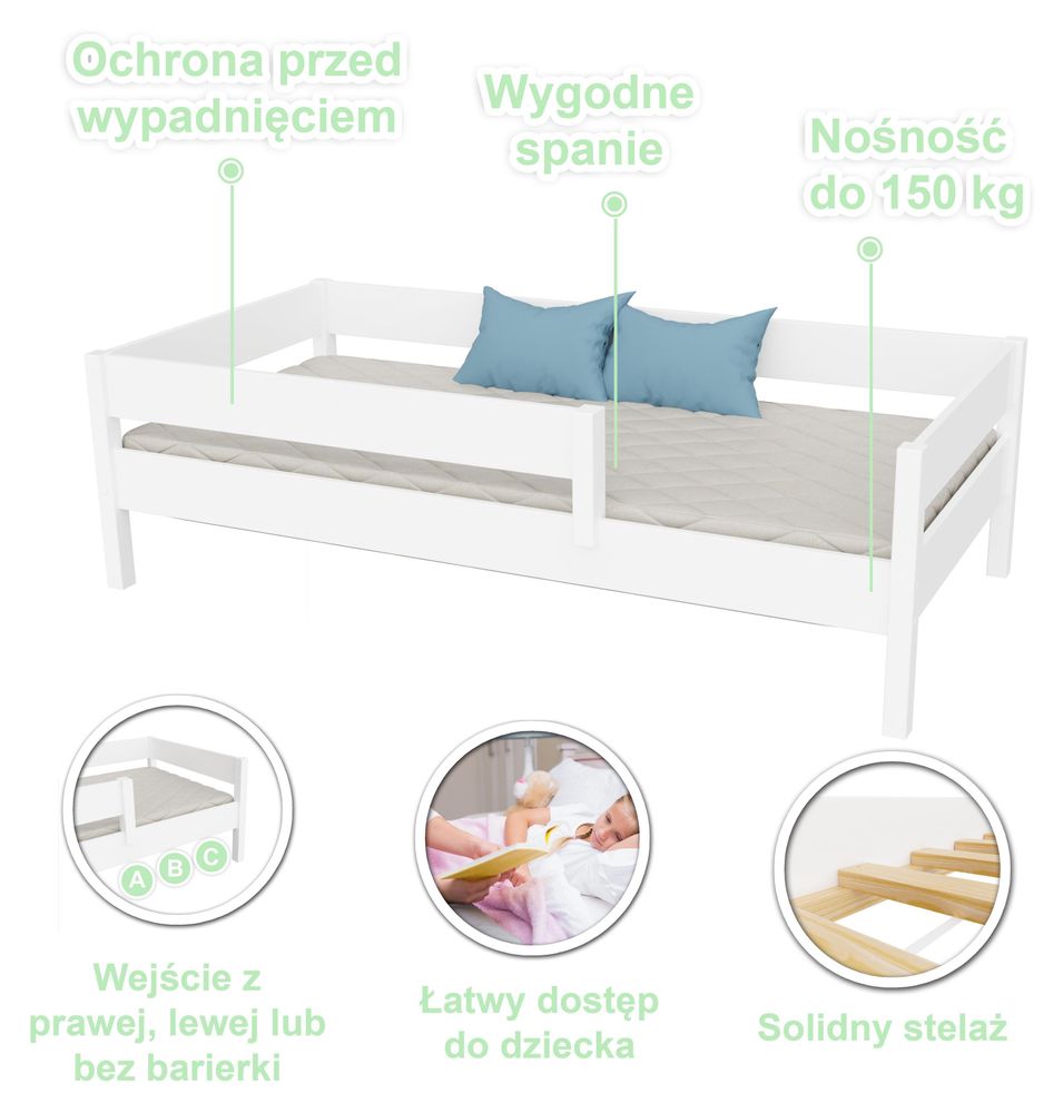 Łóżeczko dziecięce MIX 180 x 80 z barierką zabezpieczającą i stelażem z listew, białe, 80 x 180, dla dziewczynek i chłopców, z materacami, bez szuflad