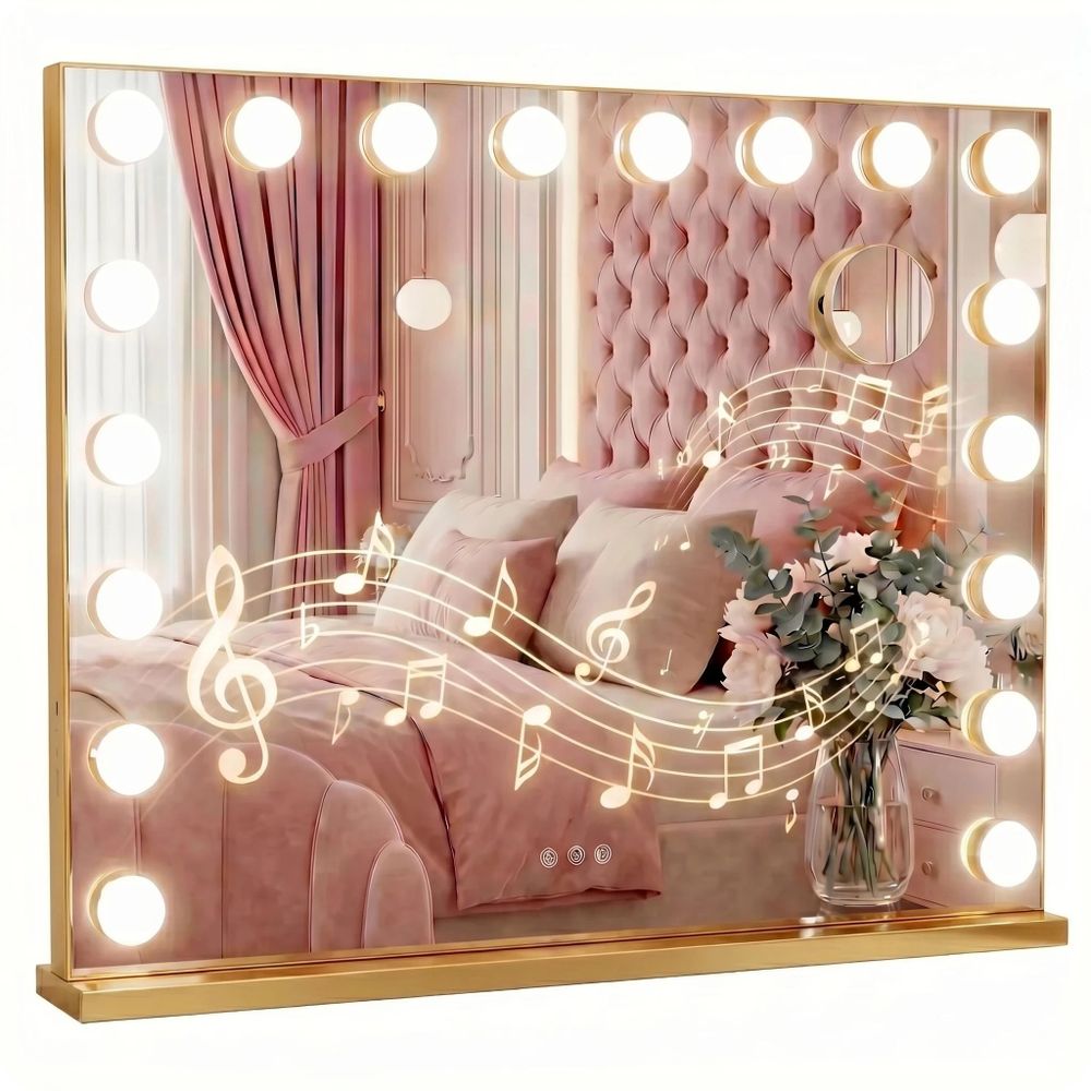 Gouden Hollywood make-up spiegel 58x48cm staand met 15 LED-verlichting, instelbare lichtkleur,
