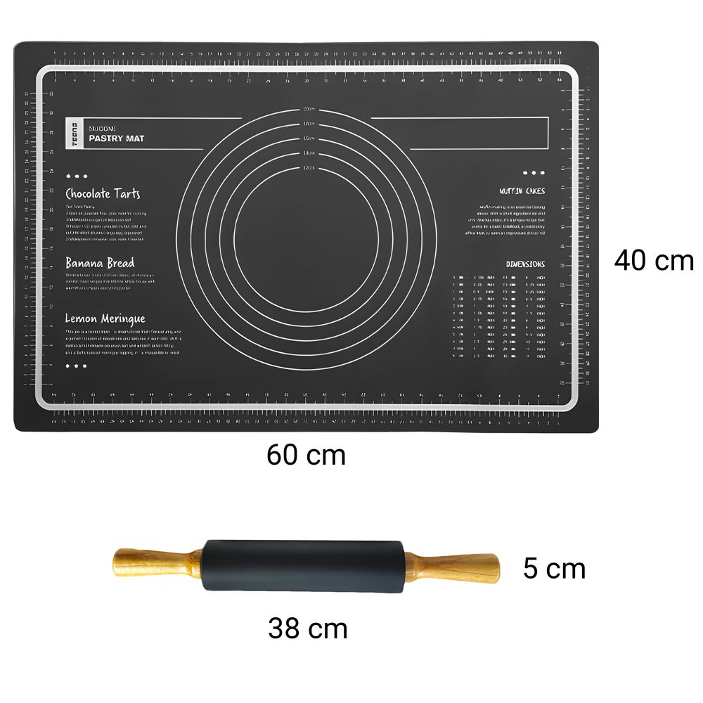 Silikon Backmatte mit Teigrolle Teigmatte Ausrollmatte Backunterlage Silikonmatte Dauerbackmatte Groß XXL Antihaft Rutschfest 60x40cm Schwarz Retoo
