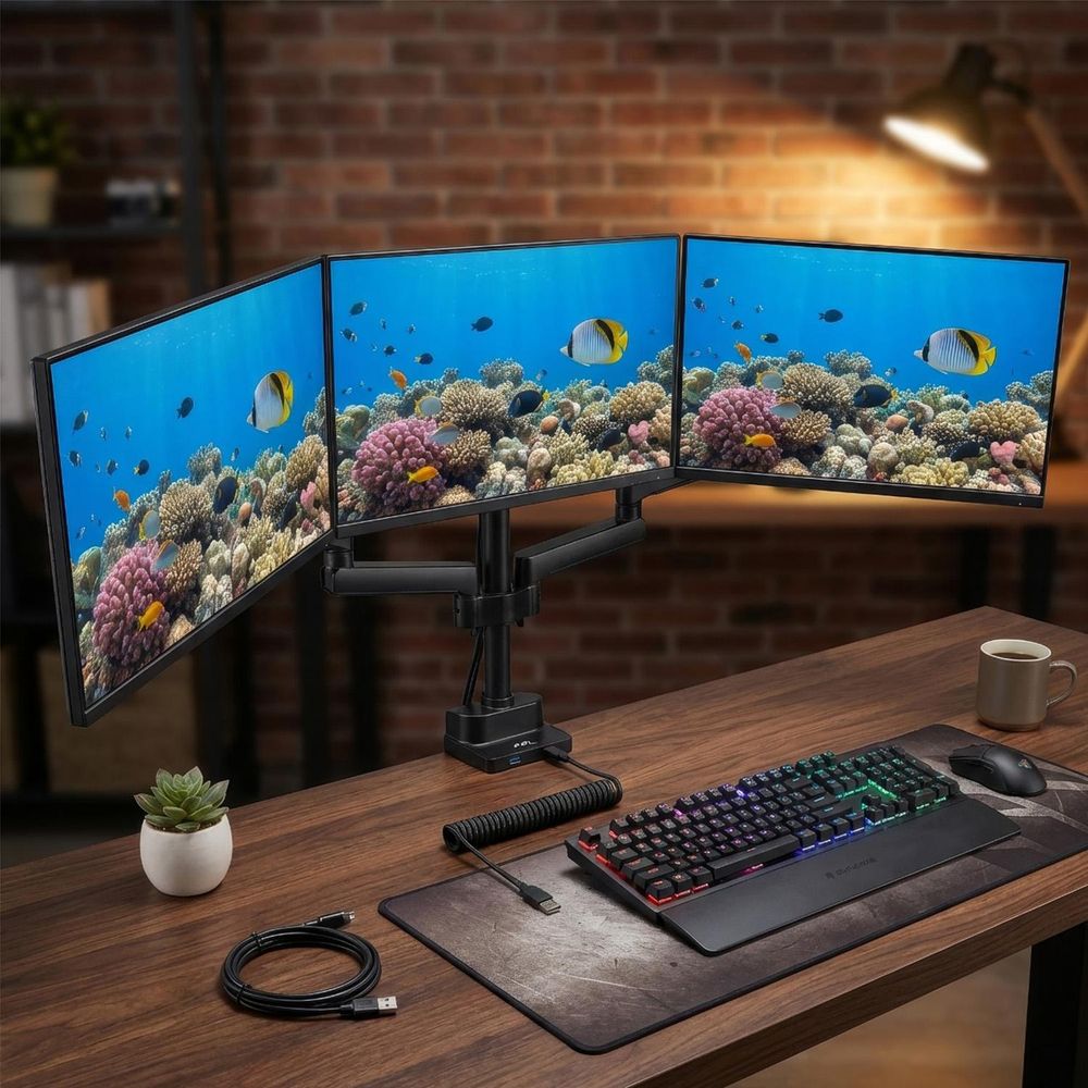 3-Fach Monitorhalter mit Gasfeder Tischhalterung Monitorarm Monitorständer VESA 75x75 100x100 17-27" Für 3 Monitore + 2X USB 3.0