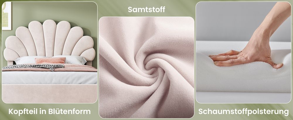 okwish Jugendbett Boxspringbett Polsterbett 140 x 200 cm mit verstellbares Kopfteil in geblümtemform und Lattenrost, Hydraulisches Stauraumbett mit Bettkasten Stauraum(Ohne Matratze)- Beige