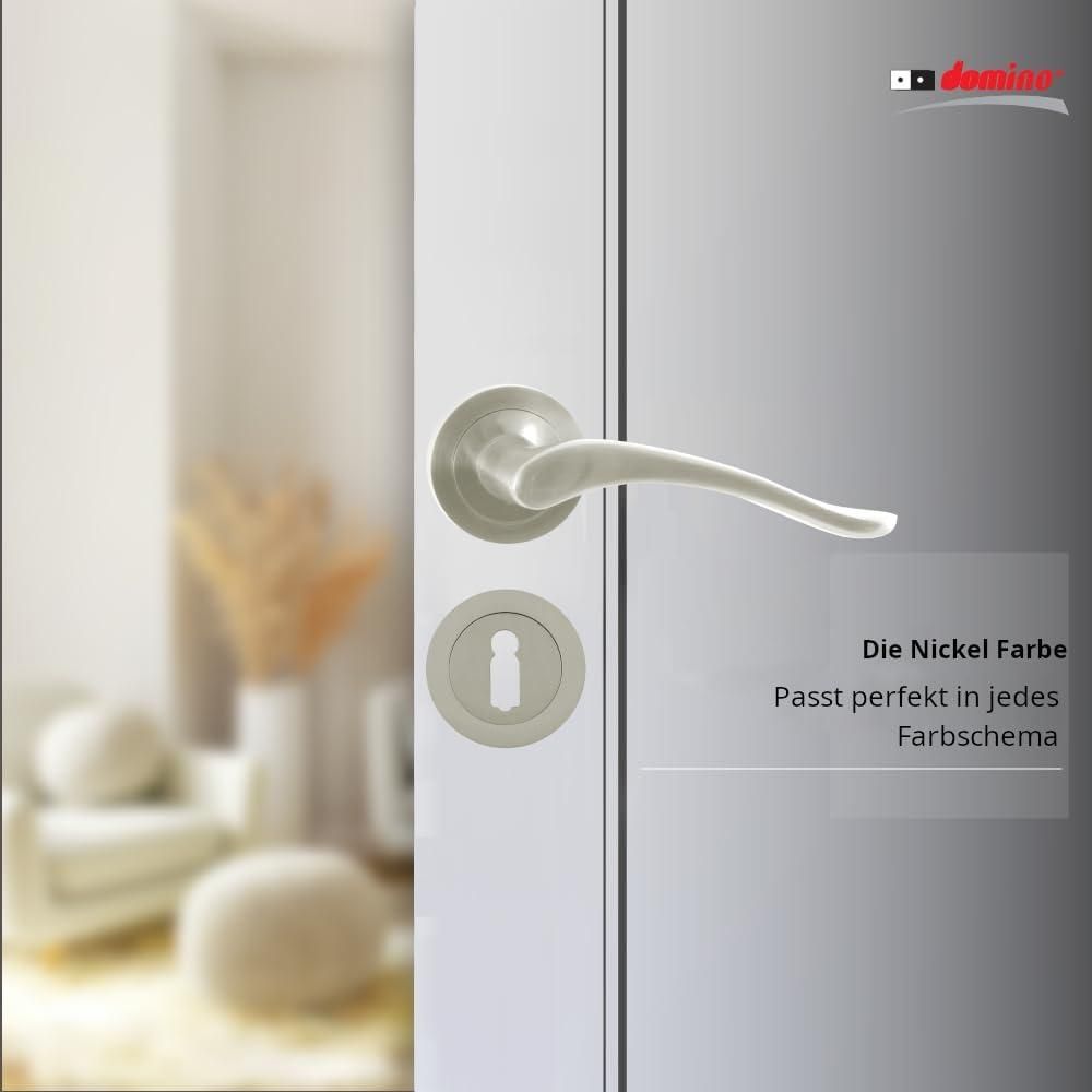DOMINO Türgriff Drückergarnitur BB-Buntbart Set | Rund BB Rosette | Türklinke für Zimmertür, Bürotür, Kellertür & Innentür | Türbeschläge aus Aluminium | Nickel Türdrückergarnitur | BALLEN-R M9