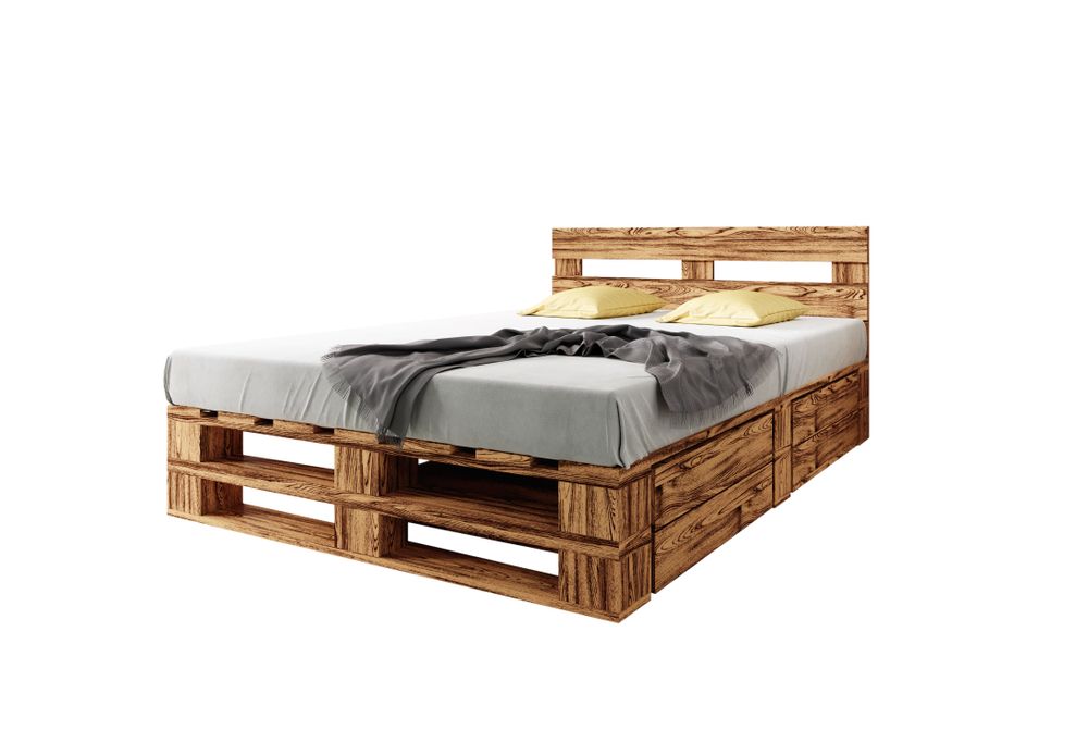 Lermowood Palettenbett M2 140 x 200 cm mit Kopfteil und 2 Bettkästen Geflammt, Erhöhte Komforthöhe 40 cm, Massivholz