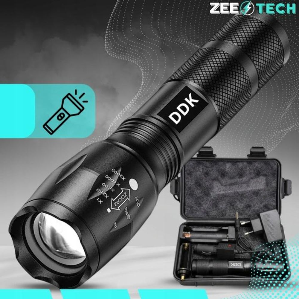 Starke Taschenlampe, Reichweite 800 m, LED mit Zoom, militärisch, wasserdicht, akkubetrieben