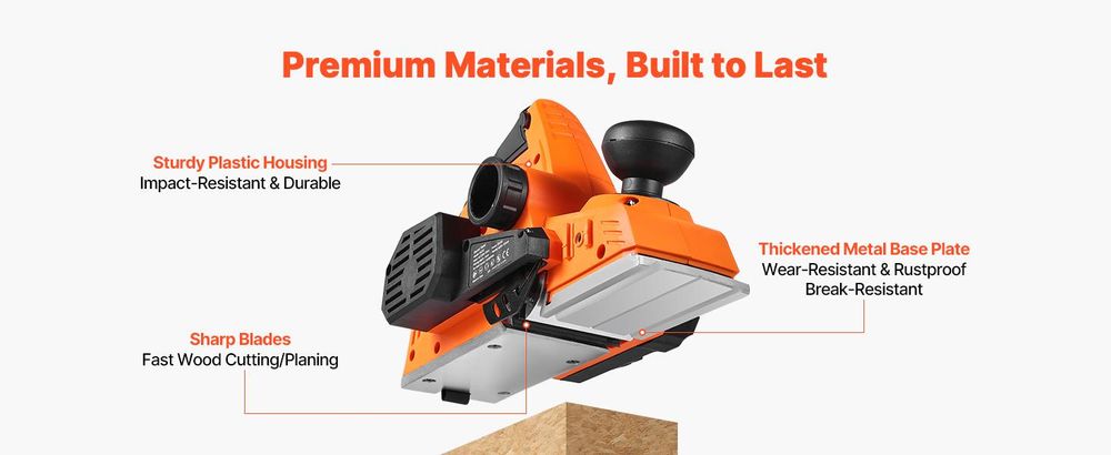 VEVOR Elektrohobel, 82 mm Schnittbreite, 900 W, 14500 U/min, Handhobel für Holz, mit einstellbarer Schnitttiefe, 2 Klingen, für Holzbearbeitung, Holzfasen, Heimwerkerarbeiten, Hobelmaschine
