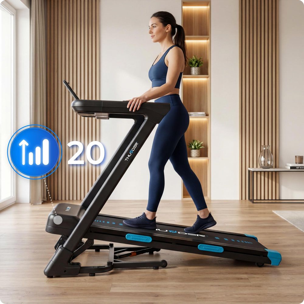 Tapis de Course Électrique Pliable THUNDER ARVEN-S-BLACK 15,9 km/h 20 Niveaux d’Inclinaison Bluetooth 140 kg