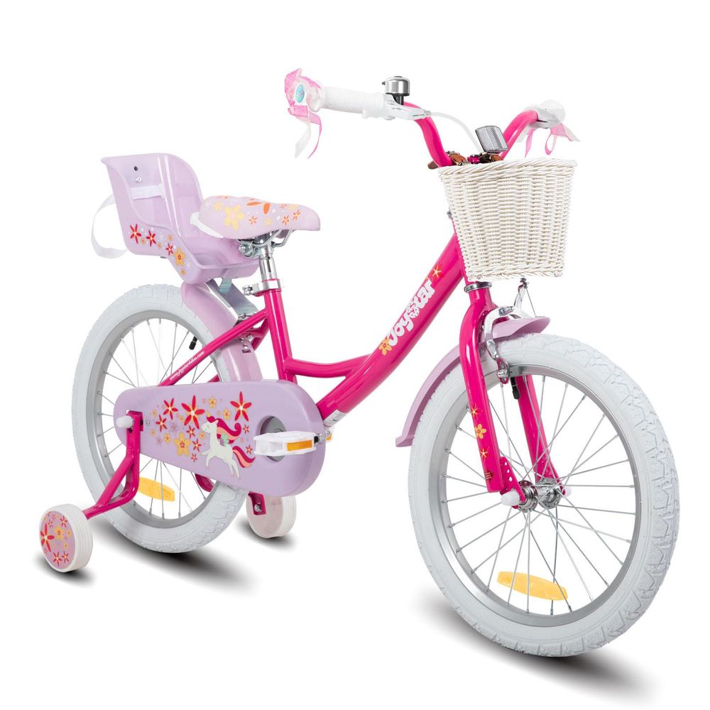 HILAND Joystar 14 Zoll Kinderfahrräder Mädchen mit Puppensitz, Stützräder, Korb, Schutzbleche, V-Brake-Bremsen, Rosa