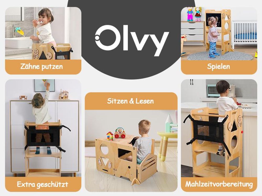 Olvy Lernturm Für Kinder, 3 in 1 Montessori Lernturm, Lernturm ab 1 Jahr, Learning Tower, Küchenturm Kinder, Kindertreppe Faltbar, Trittleiter Holz
