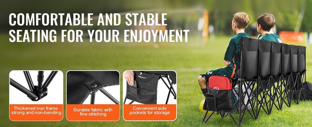 VEVOR Tragbare Klappbank, 6-Sitzer faltbare Seitenbank, Outdoor-Campingbankstuhl mit Tragetasche und Rückenlehne, Mannschaftssport-Seitenbank für Fußballangeln, kein Zusammenbau nötig, sofortige Sitzgelegenheit, schwarz